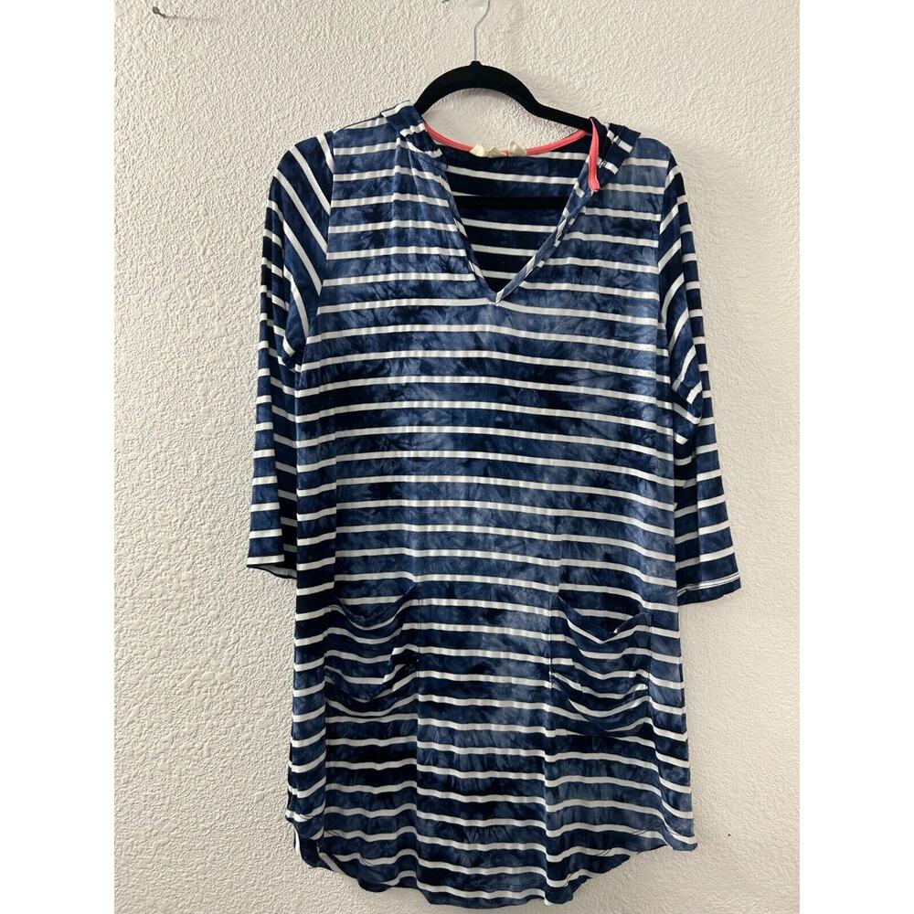 Dakini Striped Tie Dye Hooded Beach Coverup Tunic Dress S Blue Pockets Boho